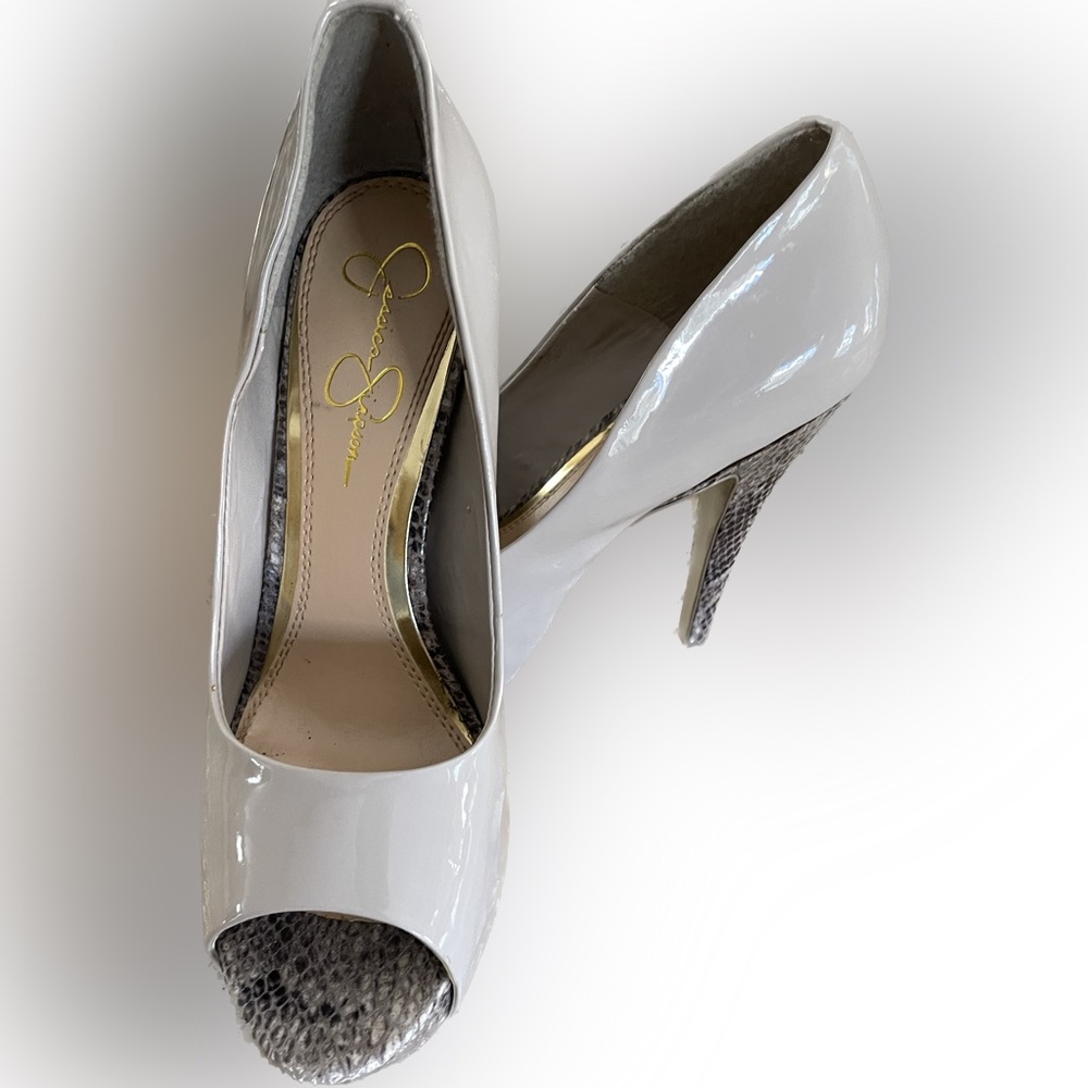 Jessica Simpson White Patent Peep Toe Heels with Snakeskin Detail